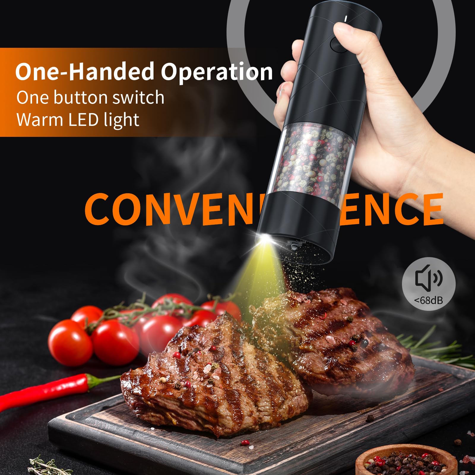 Lidaop electric grinder with LED light on, precise nighttime seasoning