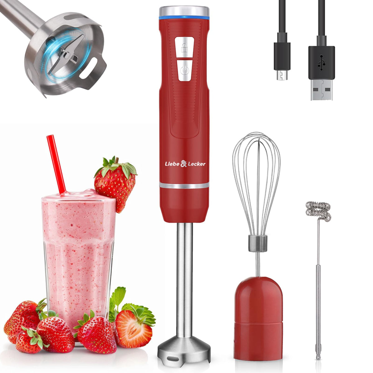 Liebe&Lecker cordless immersion blender handle with blue light for quick activation and on-the-go blending.