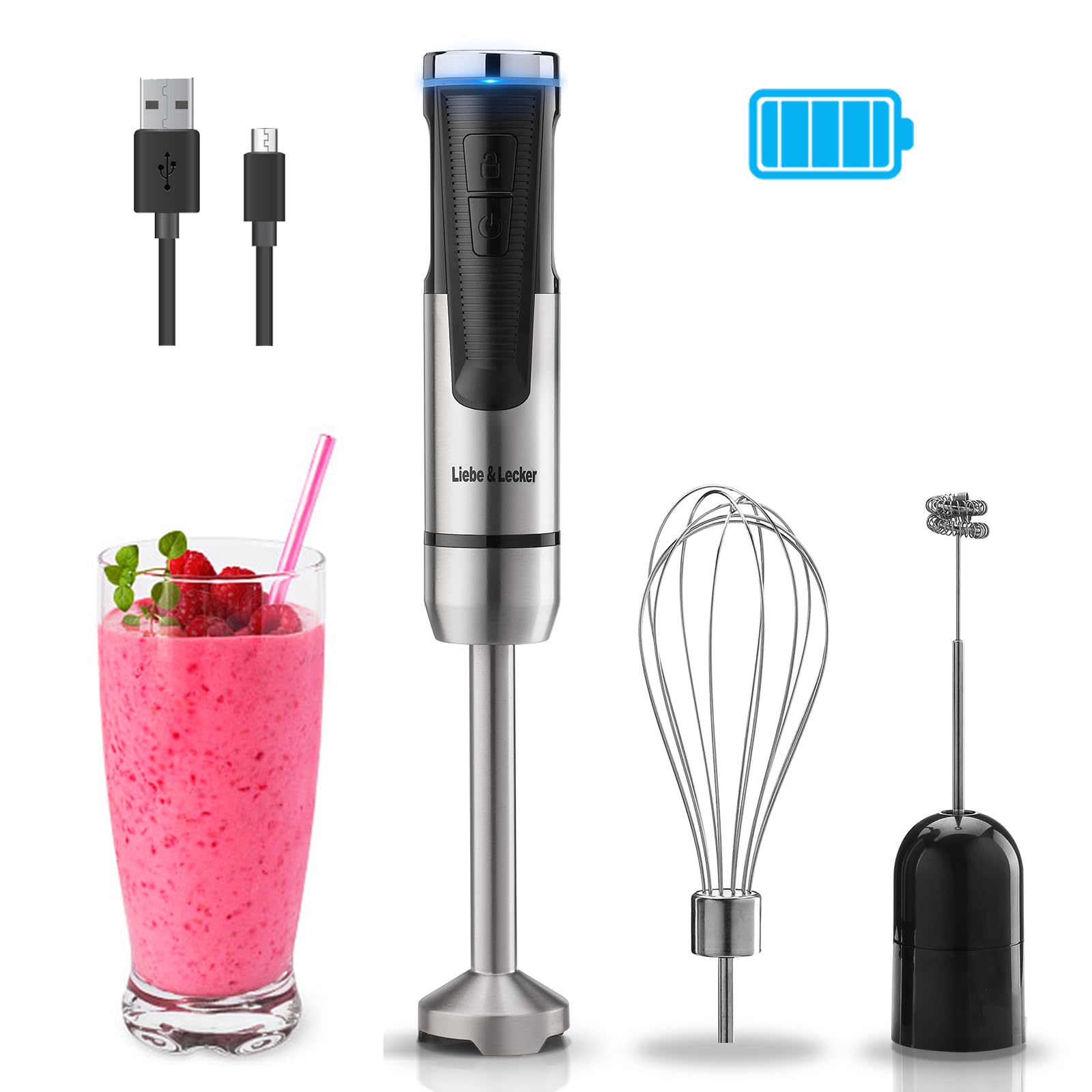 Liebe&Lecker cordless immersion blender front view for on-the-go blending.