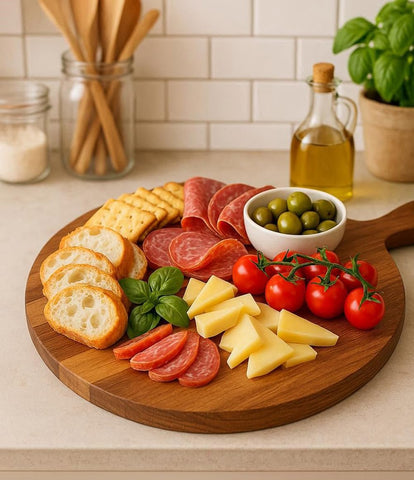 LiebeOlivee wooden serving board, round silhouette, perfect for entertaining and display.
