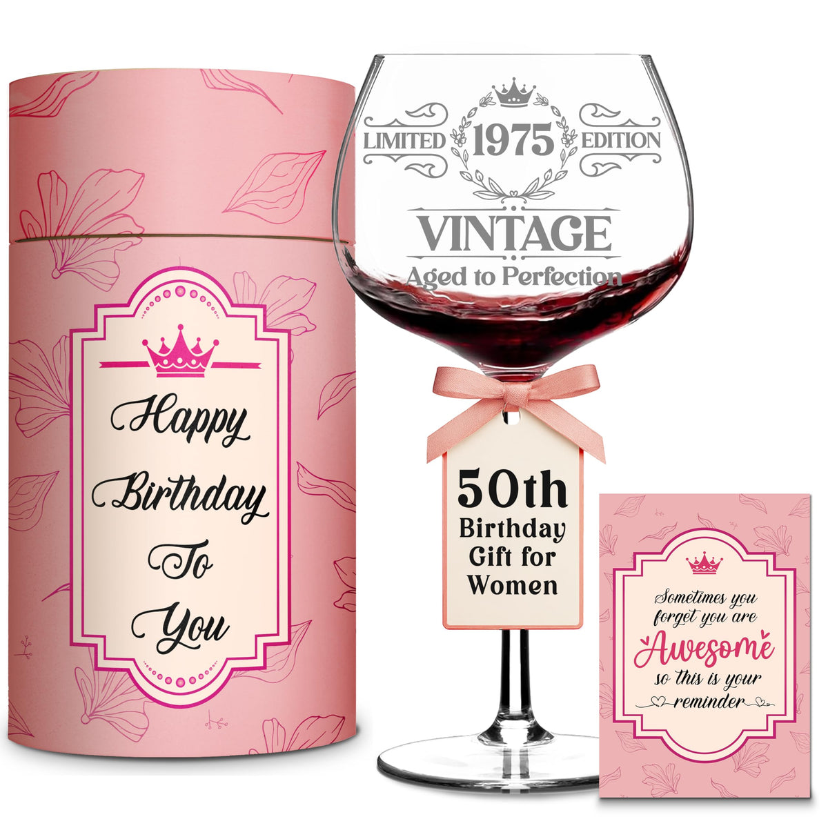 LIERIE8888 vintage engraved wine glass front view for 50th birthday toasts