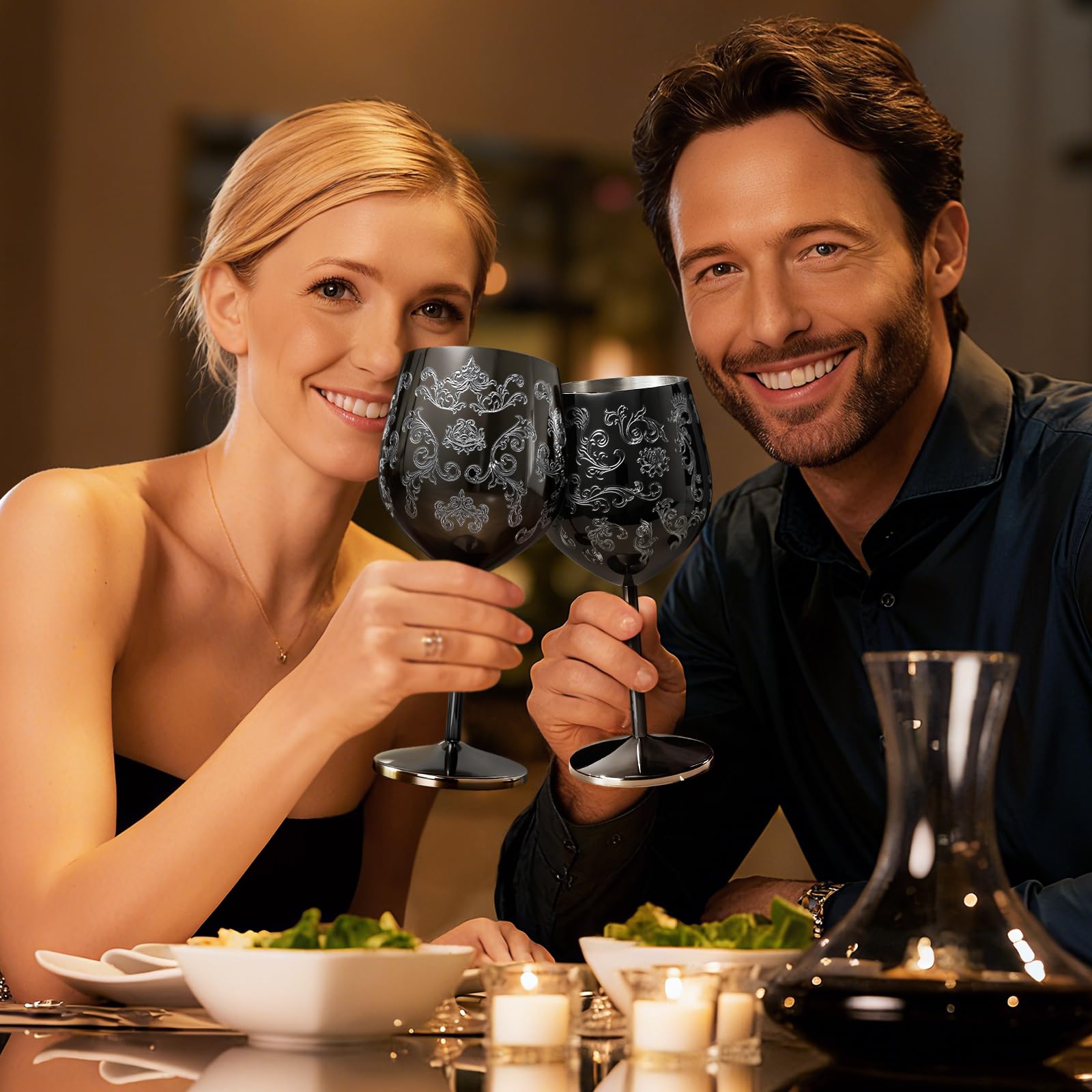 Lifecapido elegant black wine glass with baroque engraving for weddings.