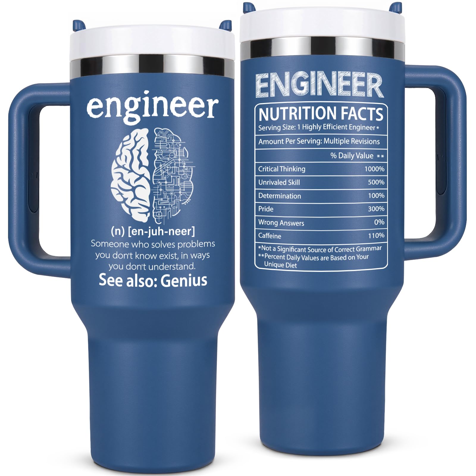 Lifecapido Engineer Nutrition Facts 40oz tumbler blue front view for daily durable use