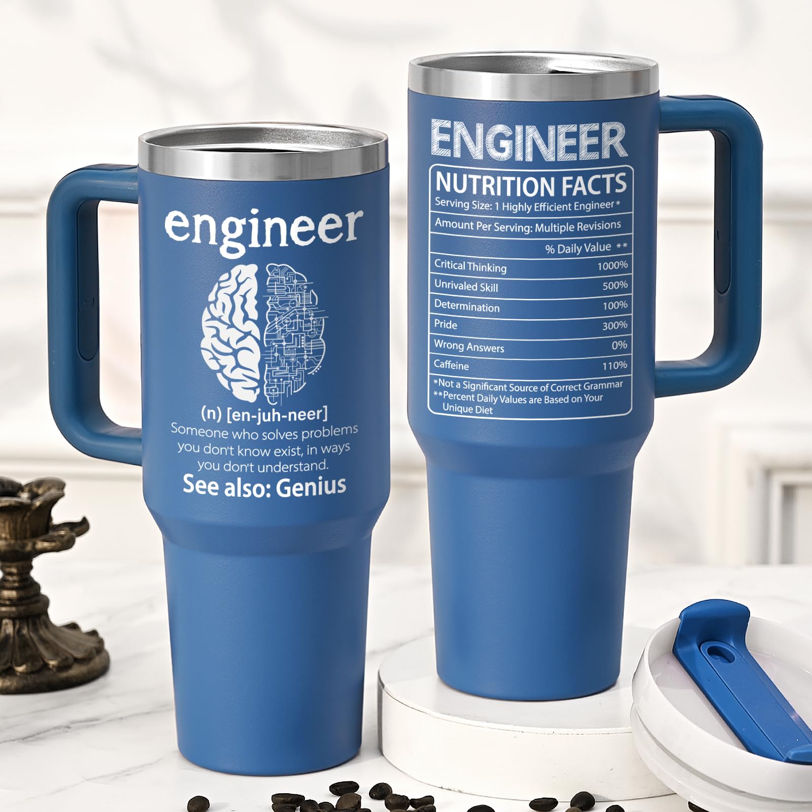 Lifecapido Engineer Nutrition Facts 40oz tumbler blue insulation emphasizes long-lasting temperature control