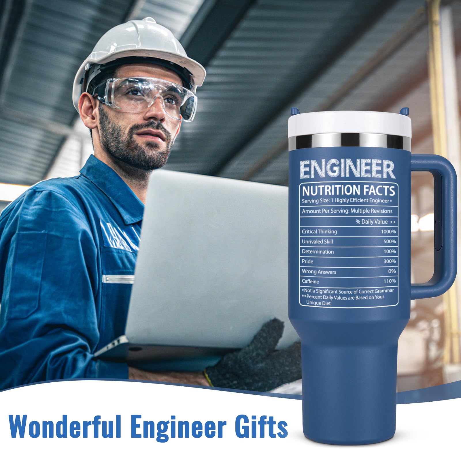 Lifecapido Engineer Nutrition Facts 40oz tumbler blue lid shows secure spill-resistant design