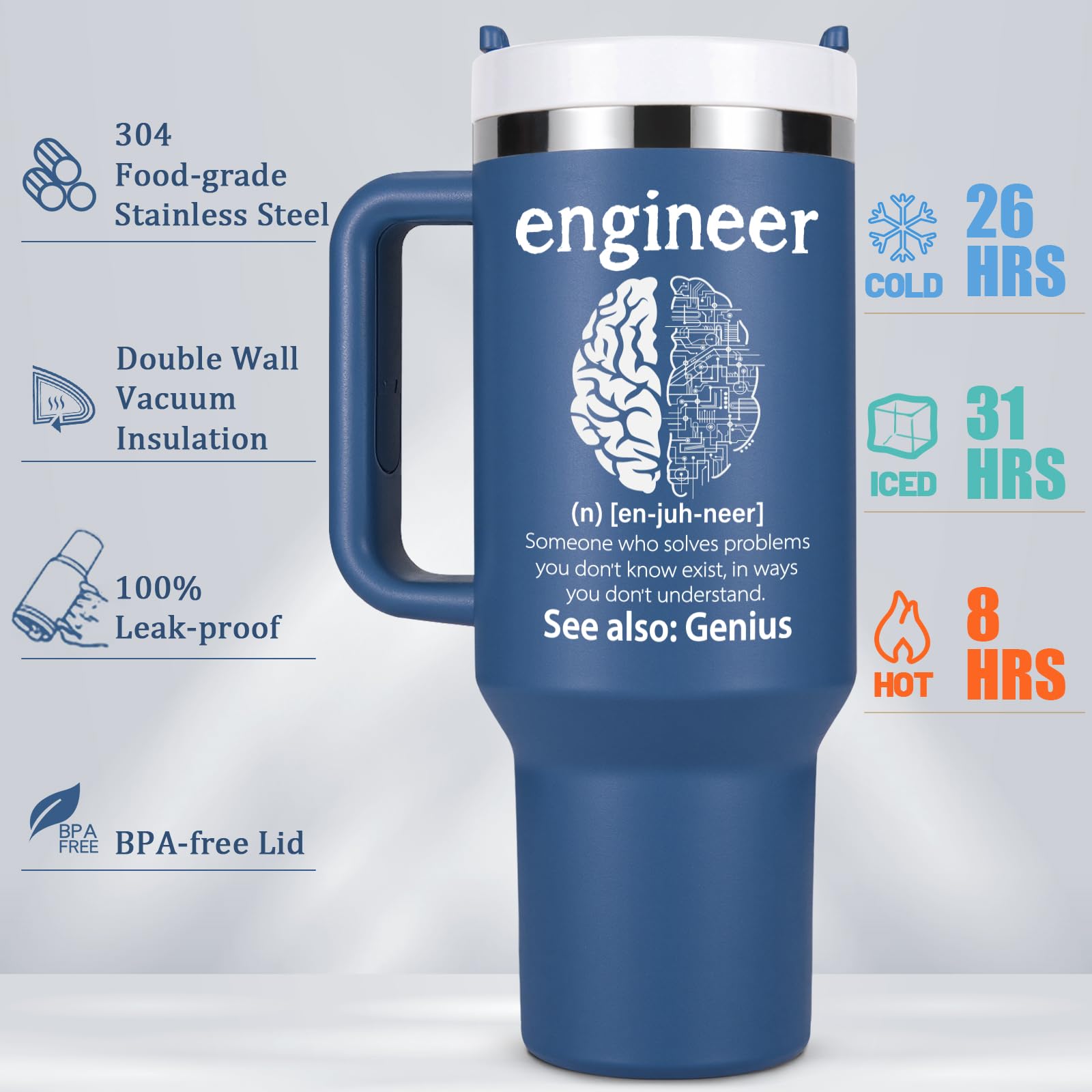 Lifecapido Engineer Nutrition Facts 40oz tumbler blue stainless steel highlights premium materials