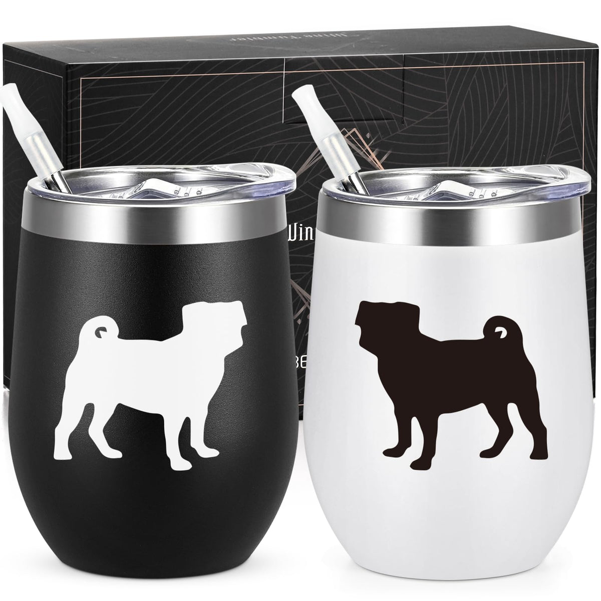 Lifecapido pug gifts 12oz tumbler set black and white for everyday use.