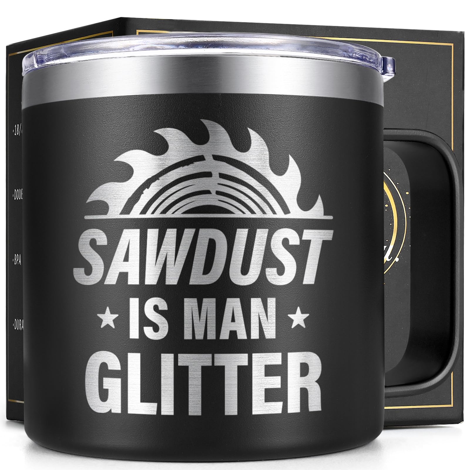 Lifecapido Sawdust Is Man Glitter mug, front view, insulated for hot and cold drinks.