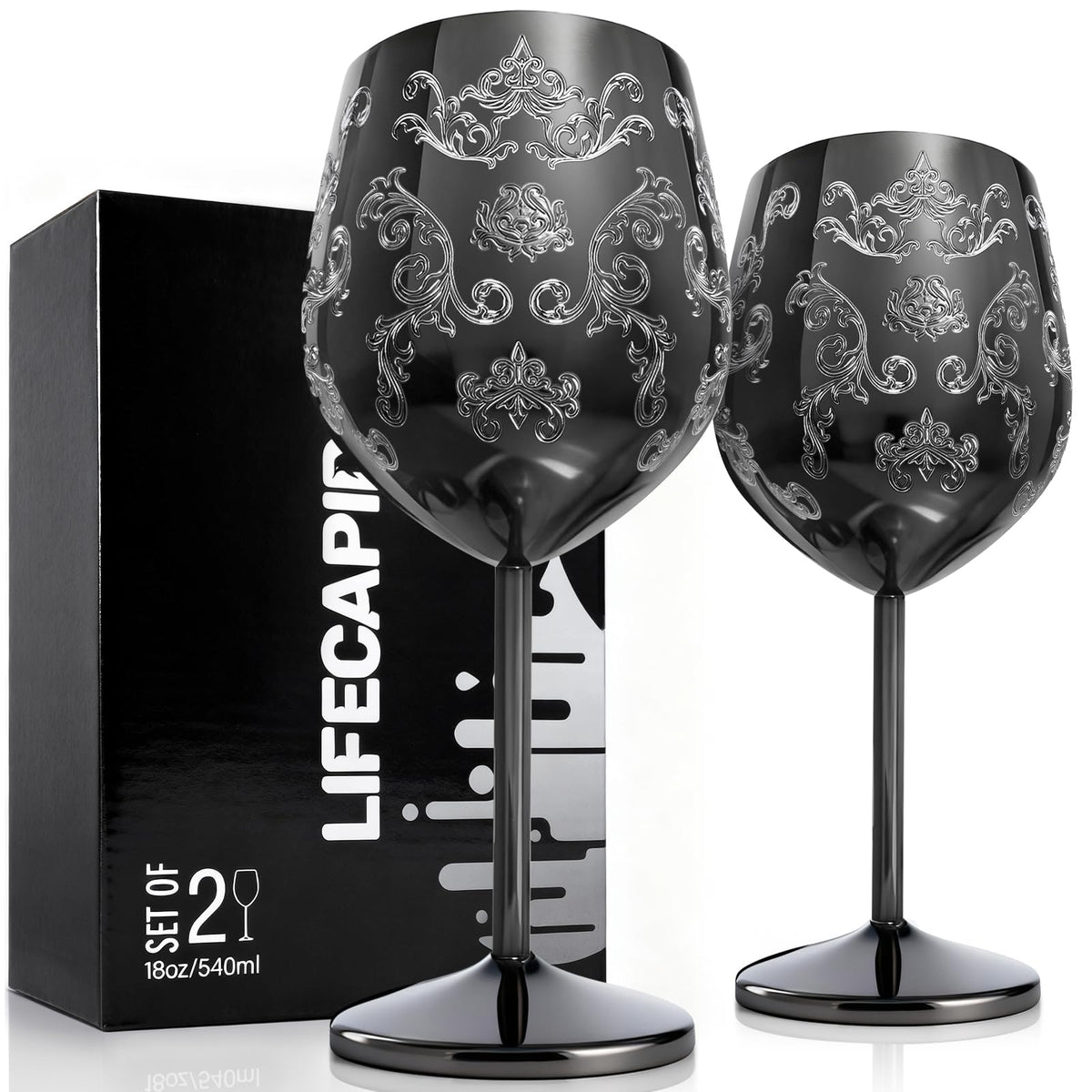 Lifecapido stainless steel wine glass with 18oz capacity and engraved baroque pattern.