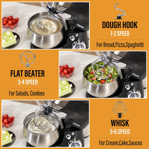 LIFECREEK stand mixer bowl and attachments ready for dough, batter, and whisking tasks