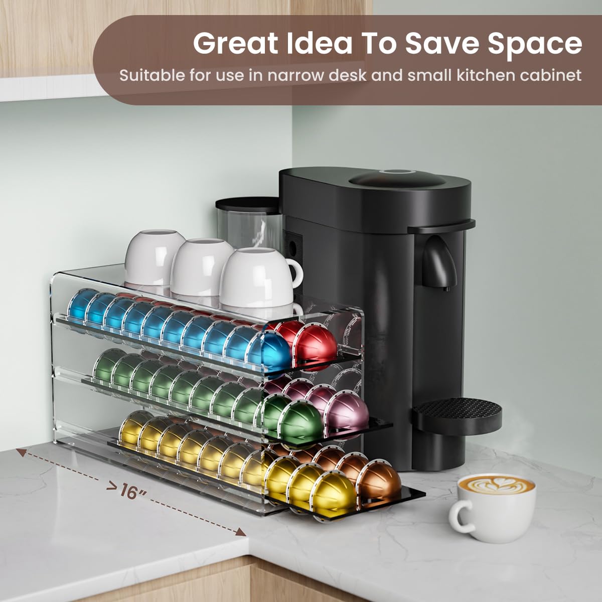 LifeMoreasy 3-tier pod drawer keeps Vertuo capsules neatly organized by flavor.