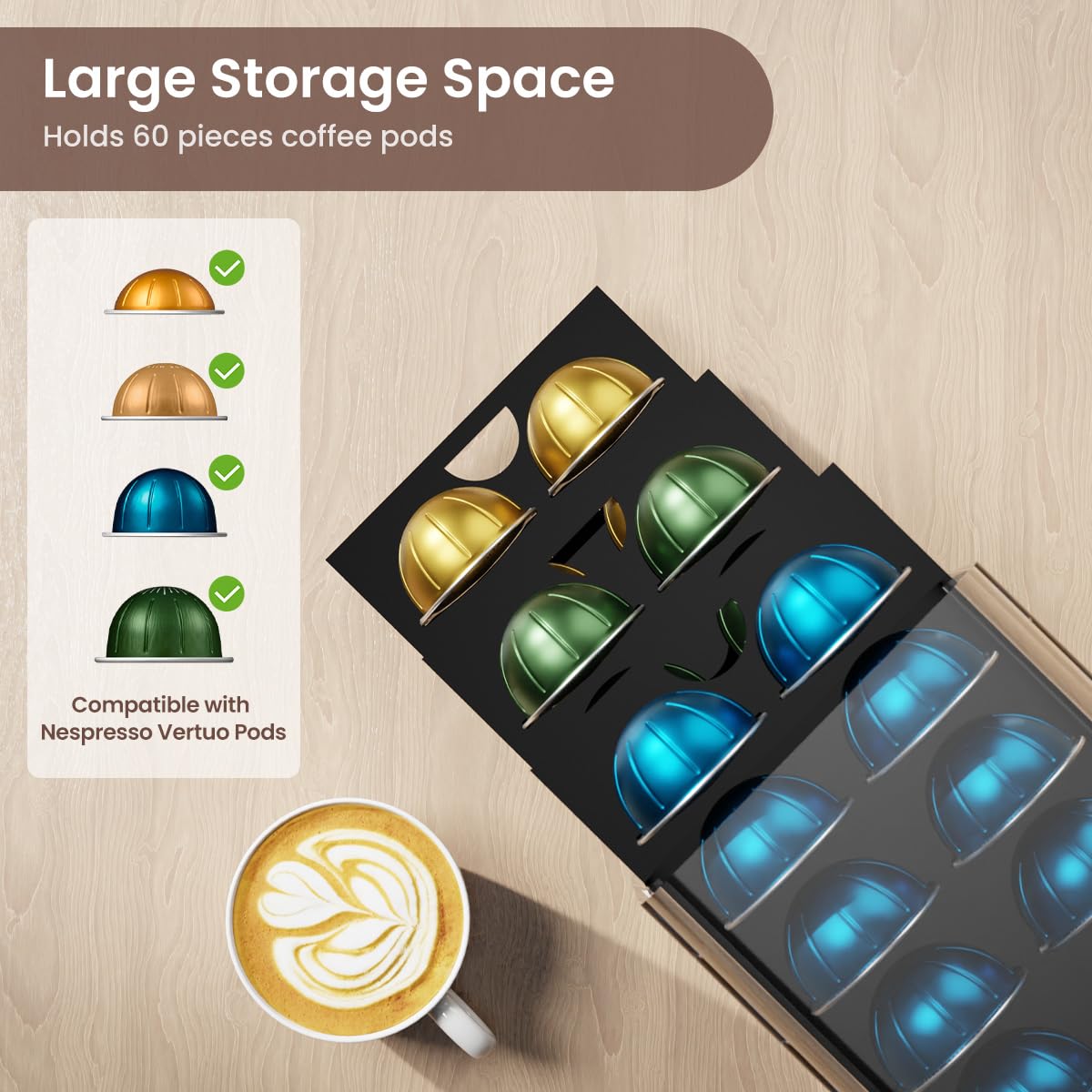 LifeMoreasy top-cover storage holds cups beside the pod drawer for convenience.