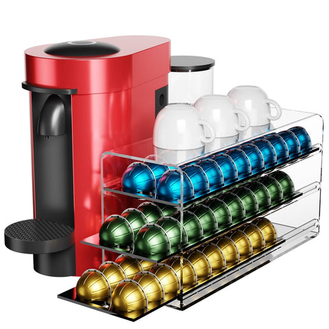 LifeMoreasy acrylic Vertuo pod drawer shows 60-pod capacity for quick selection.
