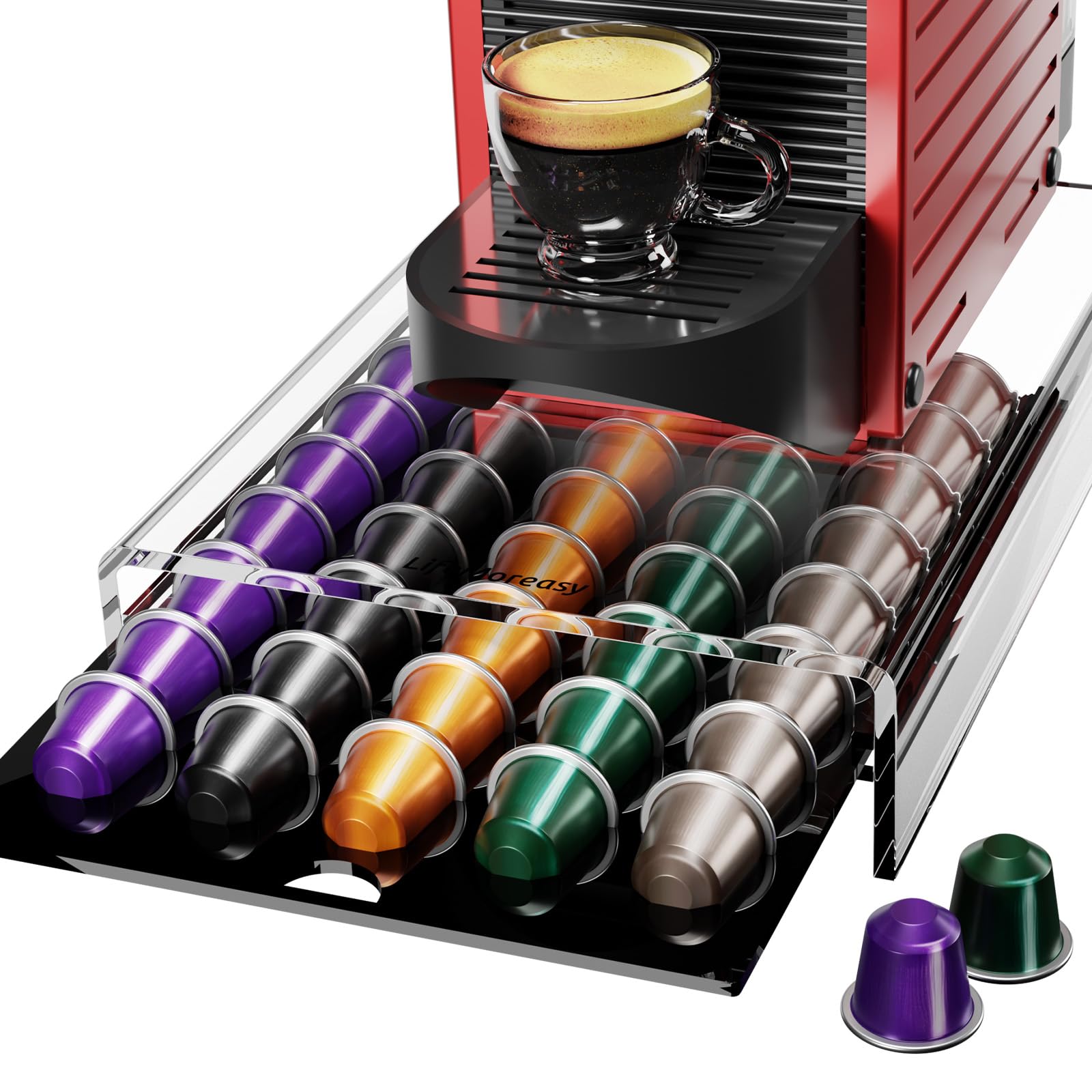 LifeMoreasy Nespresso drawer front view with sleek acrylic pod organizer for 40 pods on the counter