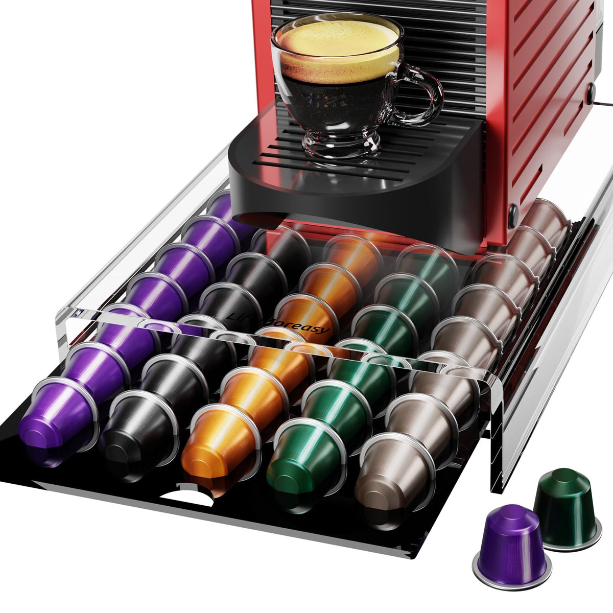 LifeMoreasy Nespresso drawer front view with sleek acrylic pod organizer for 40 pods on the counter