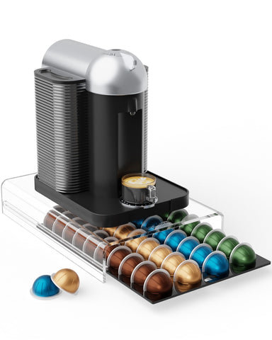 LifeMoreasy acrylic storage drawer with 40 Vertuo pods organized on the counter