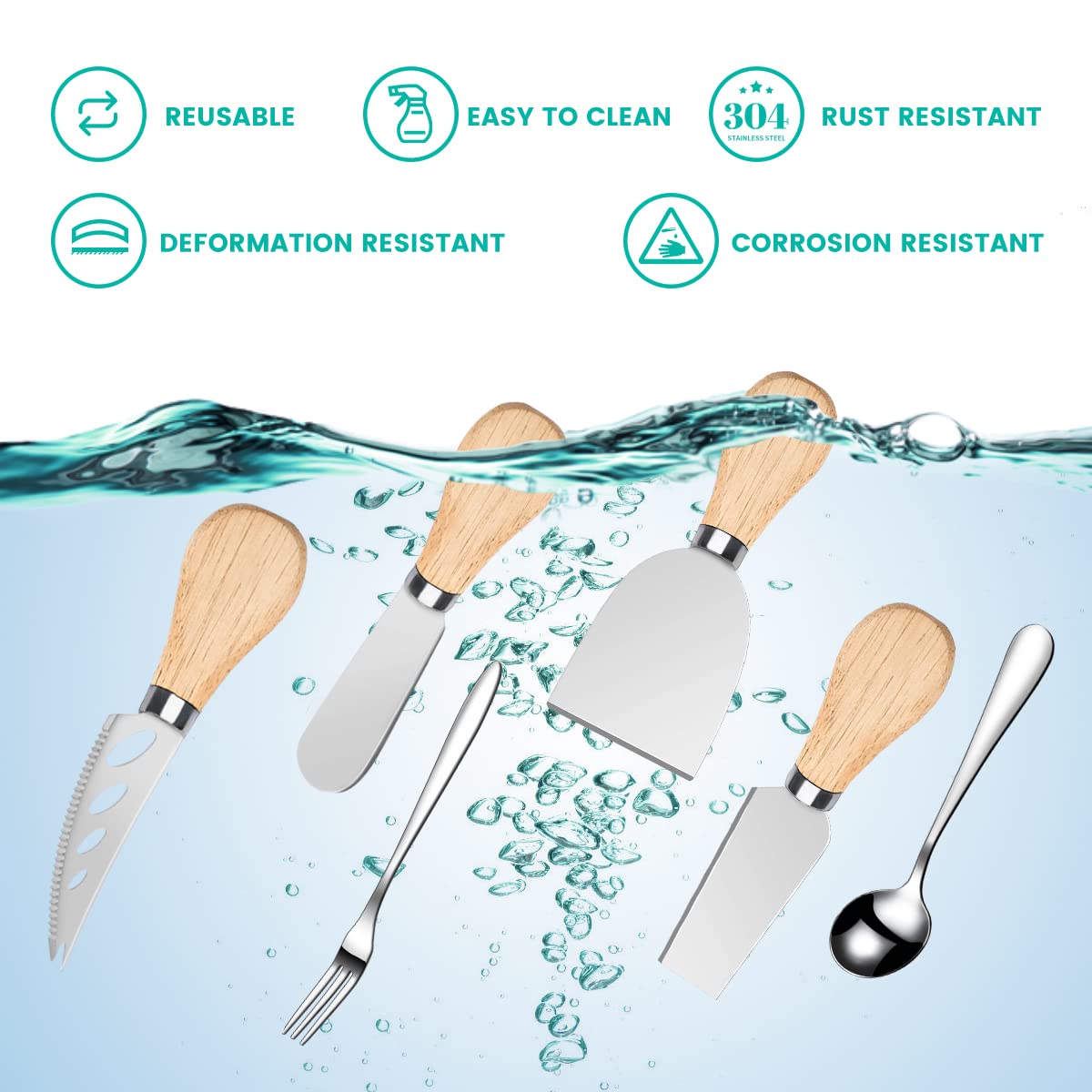 LifeMusican stainless-steel cheese knife set close-up showing durable blades.