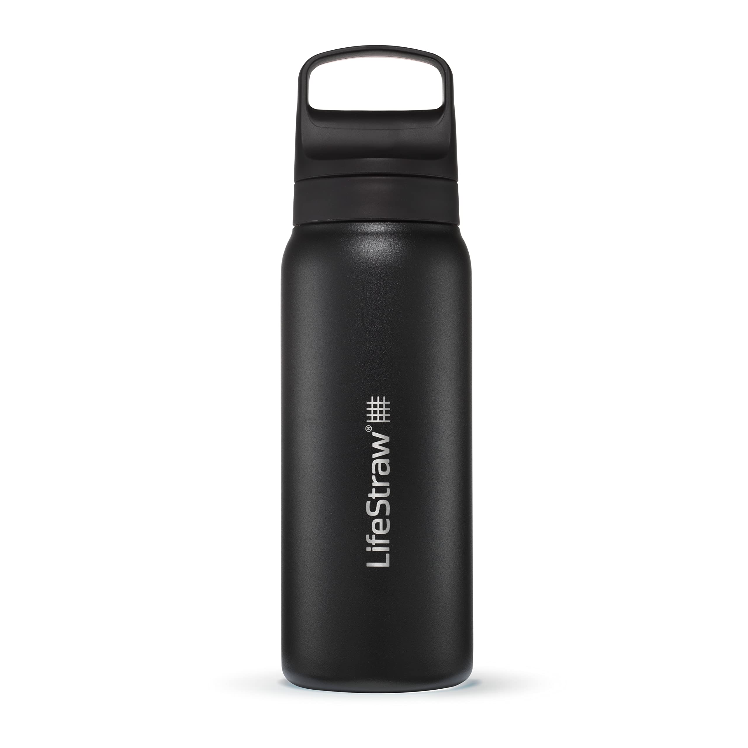 LifeStraw Go Series insulated bottle front view highlighting durable stainless steel and cooling capability.