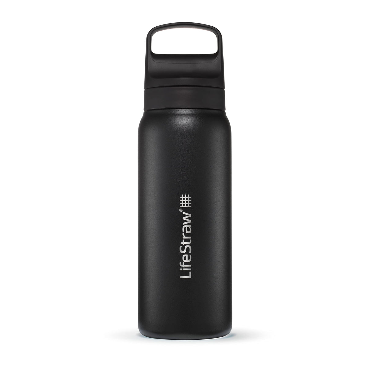 LifeStraw Go Series insulated bottle front view highlighting durable stainless steel and cooling capability.