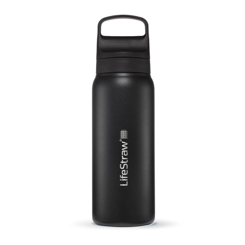 LifeStraw Go Series insulated bottle front view highlighting durable stainless steel and cooling capability.