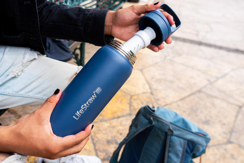 LifeStraw Go Series insulated bottle shown from the side for durability.