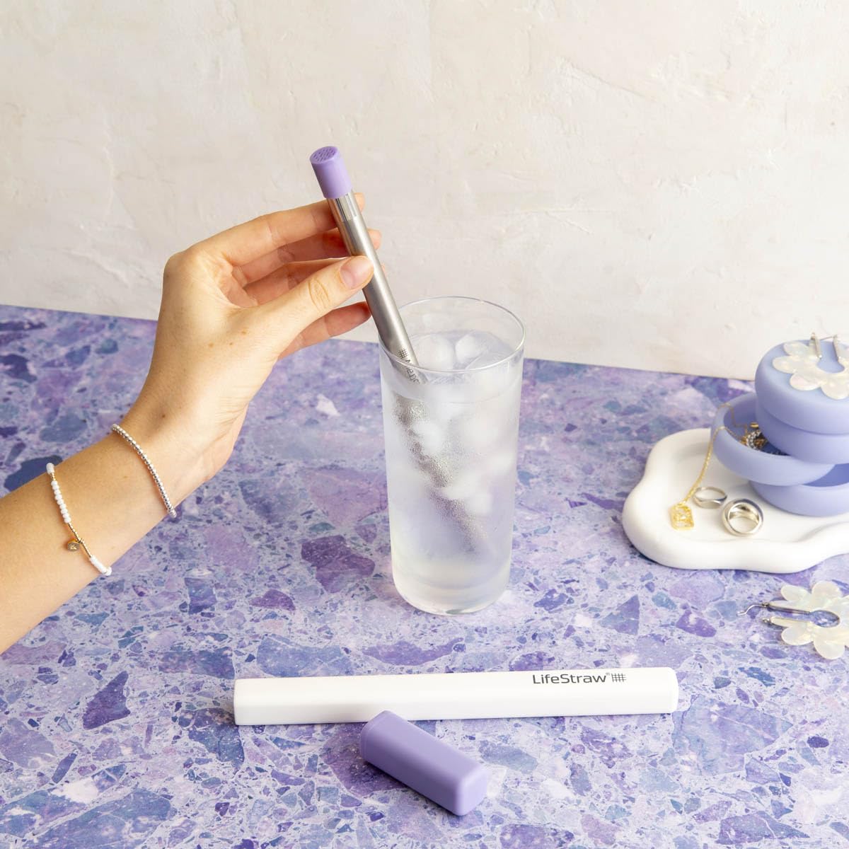 Close-up of LifeStraw Sip's stainless steel body for durable hydration.
