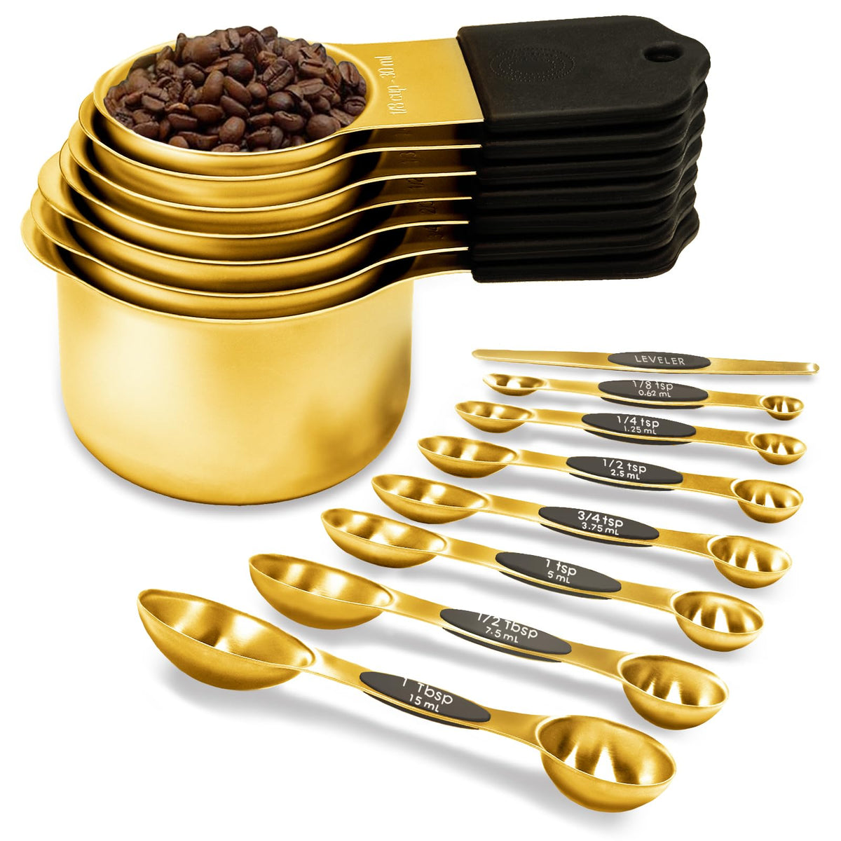 LIFETOWE magnetic cups in gold provide precise measuring for baking.