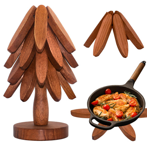 LIFETOWE wooden tree trivet set with stand, four-piece kit for storage and protection