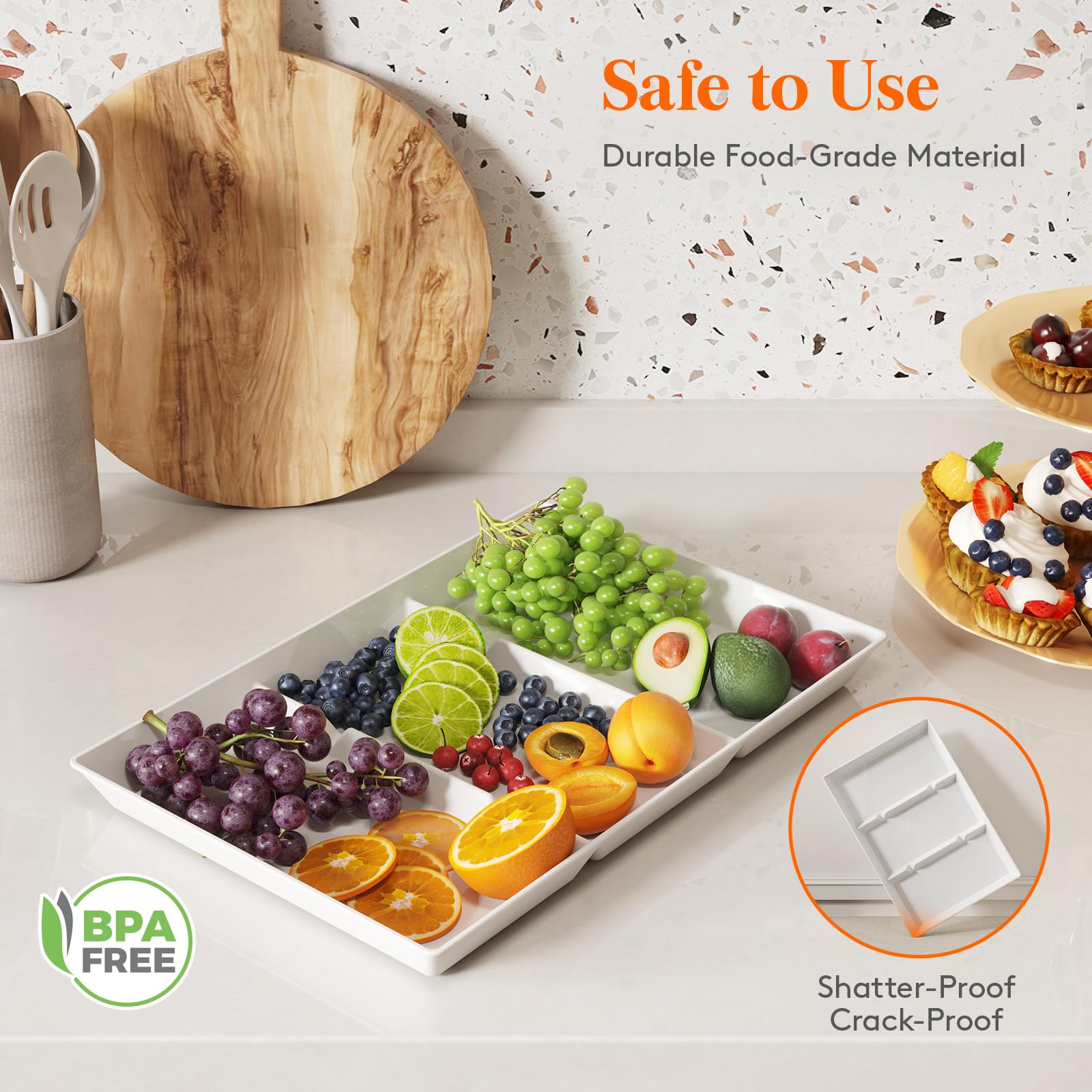 Lifewit 15x10-inch divided trays, side view, ideal for appetizers.