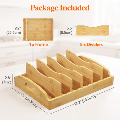 Lifewit lid organizer showing 5 adjustable dividers supporting versatile lid sizes.