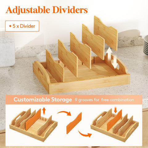 Lifewit bamboo lid organizer with 6 compartments keeping lids separate and organized.