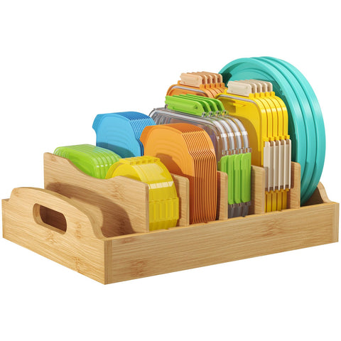 Lifewit bamboo lid organizer inside cabinet with lids neatly arranged for easy access.