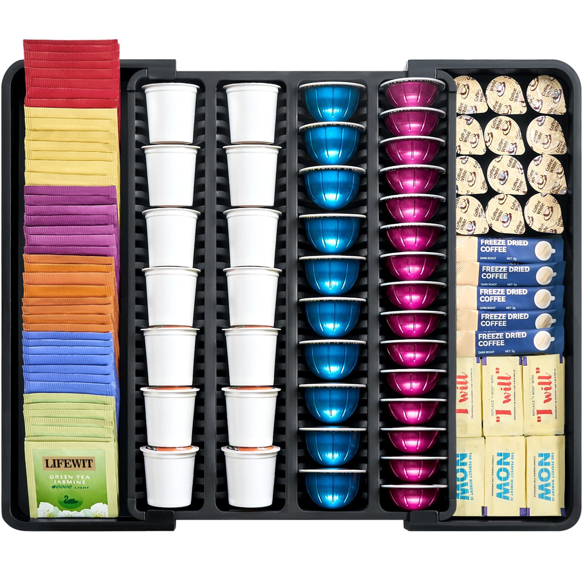Lifewit coffee pod drawer organizer showing neatly arranged pods for easy access