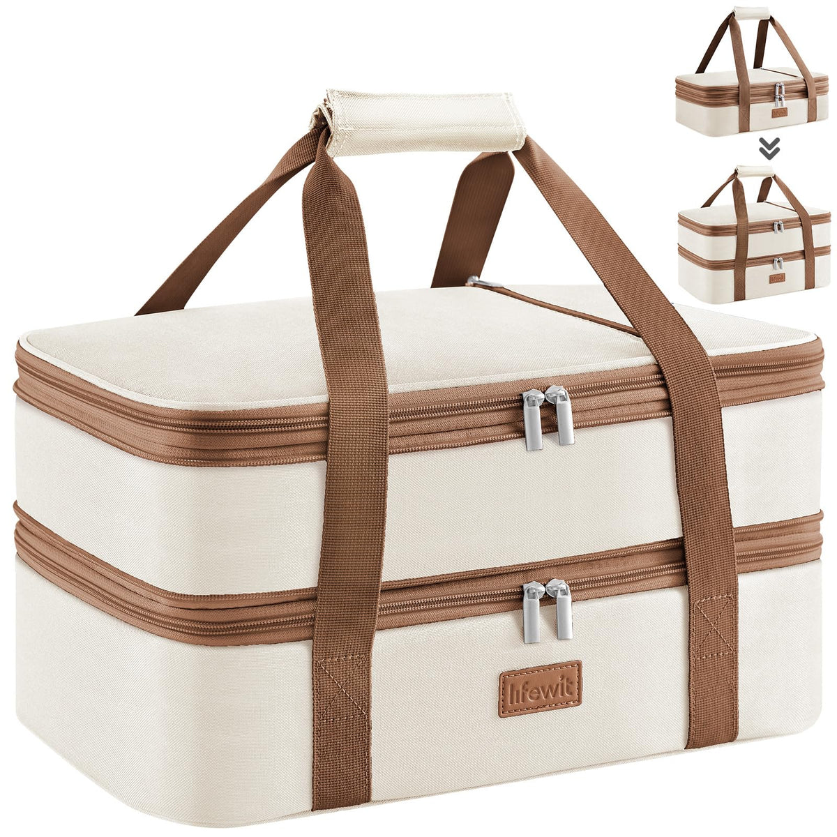 Lifewit cream expandable casserole carrier full view, ideal for potlucks and picnics