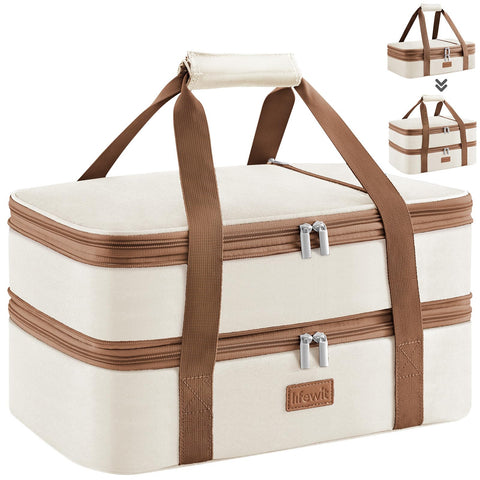 Lifewit cream expandable casserole carrier full view, ideal for potlucks and picnics