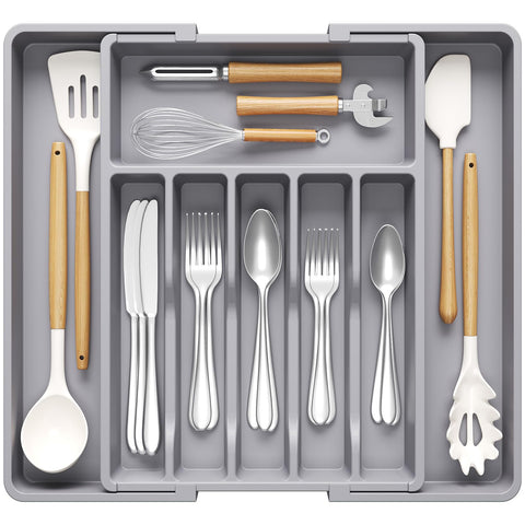 Lifewit deep silverware drawer organizer expanded with multiple compartments for easy access.