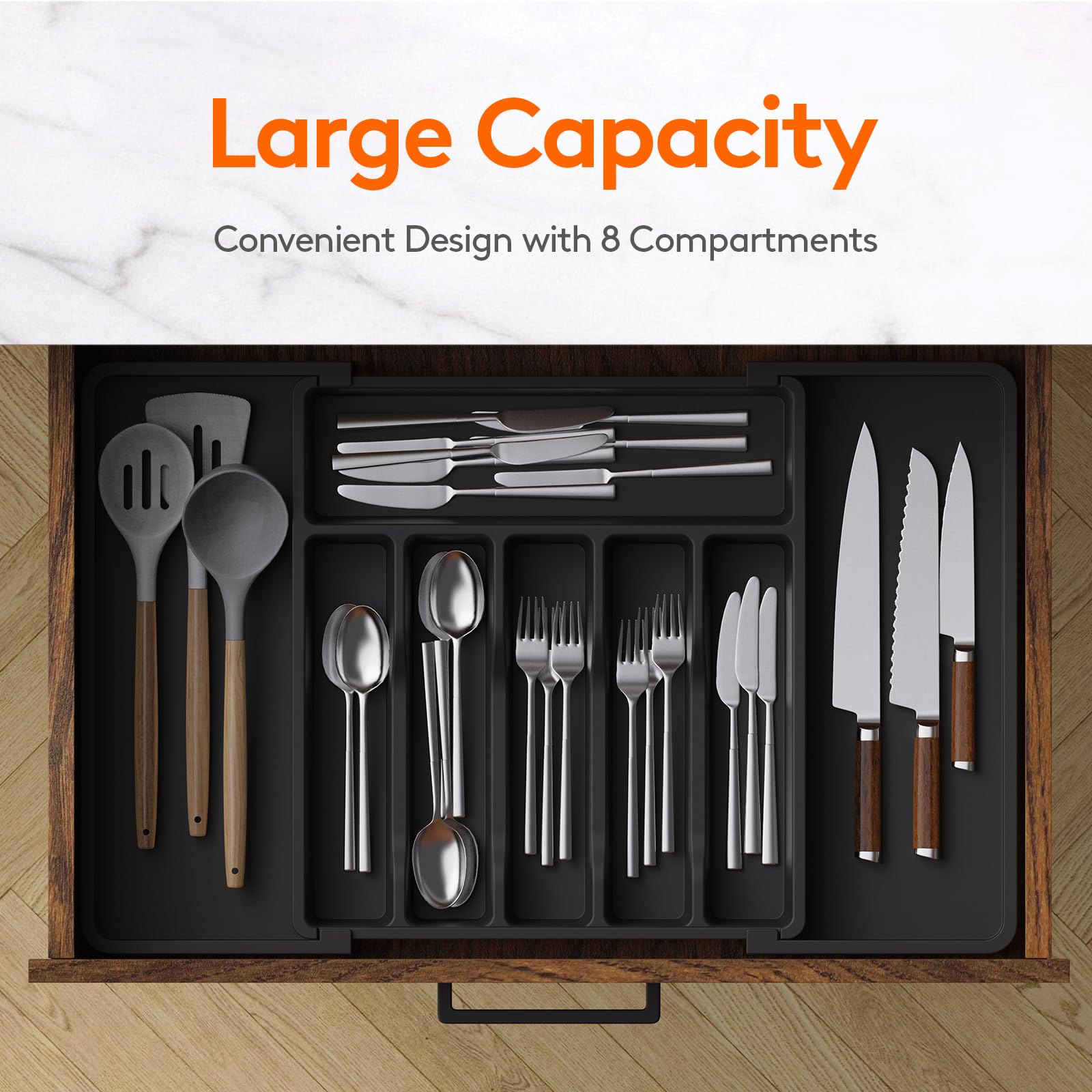Lifewit expandable utensil tray folded demonstrates compact storage when not expanded.