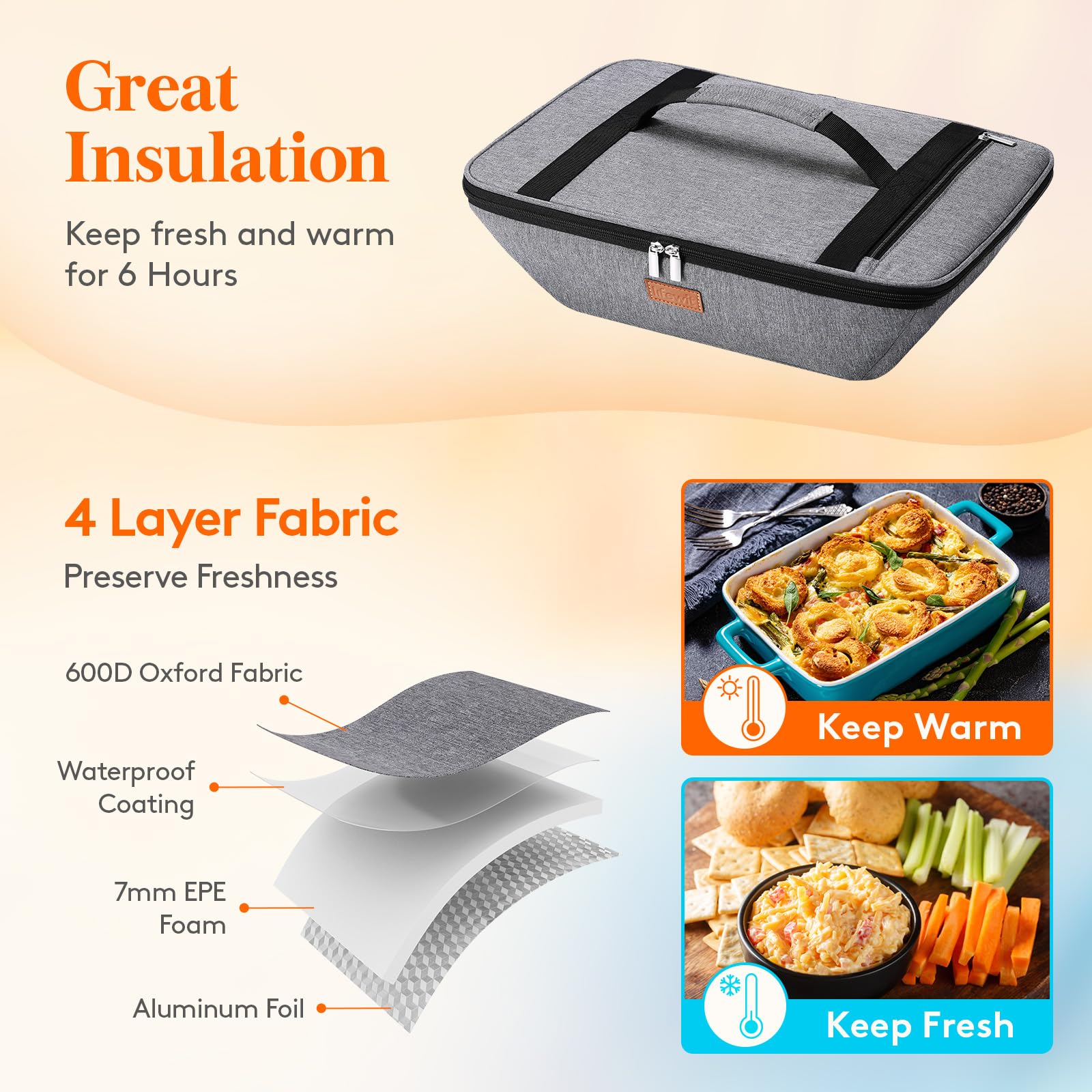 Lifewit 9x13 dish fit interior for secure, spill-free hauling.