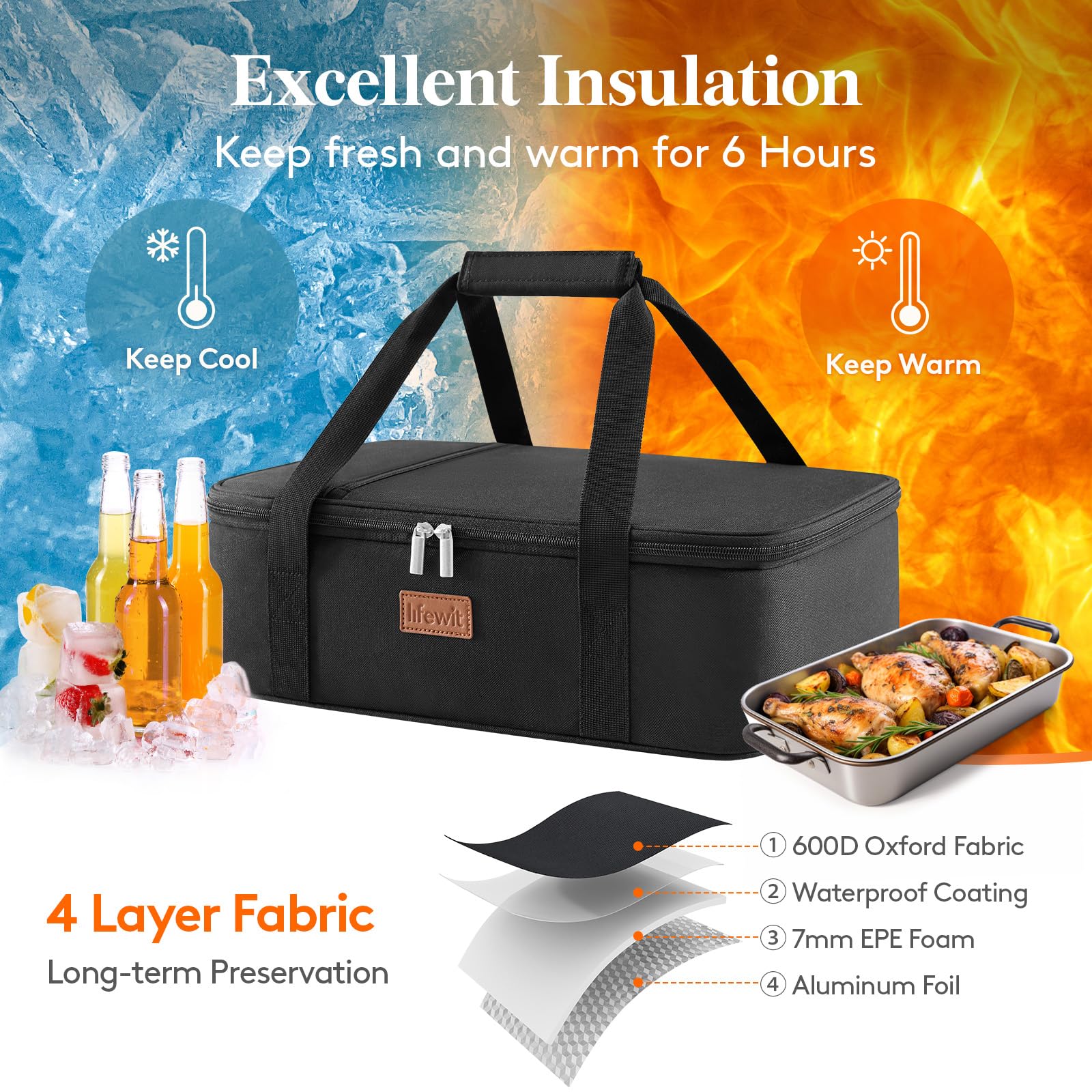 Lifewit insulated casserole carrier side pocket for utensils storage