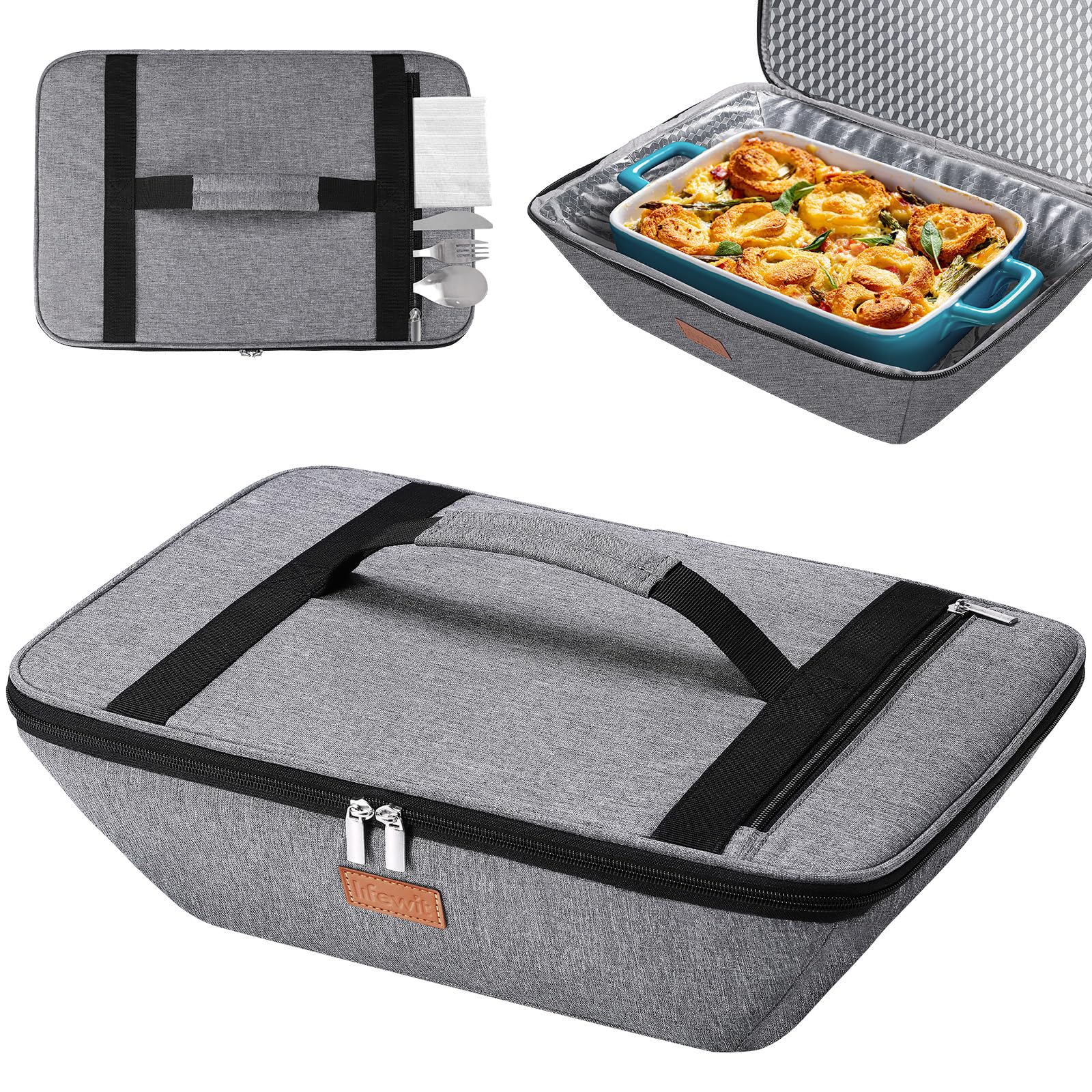 Lifewit insulated casserole carrier top opening keeps a 9x13 dish steady during transport.