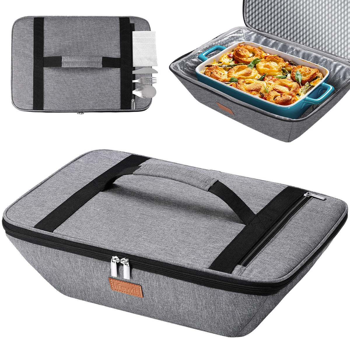 Lifewit insulated casserole carrier top opening keeps a 9x13 dish steady during transport.