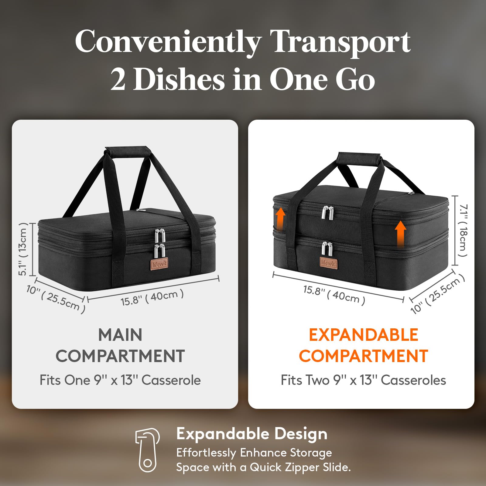 Lifewit casserole carrier expanded compartment ready for larger dishes at potlucks.