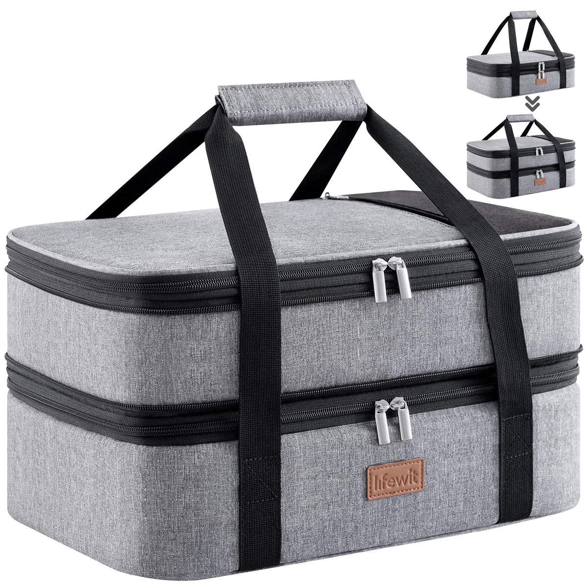 Lifewit insulated double casserole carrier exterior view in grey for durable transport.