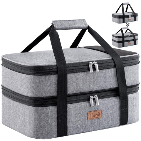 Lifewit insulated double casserole carrier exterior view in grey for durable transport.