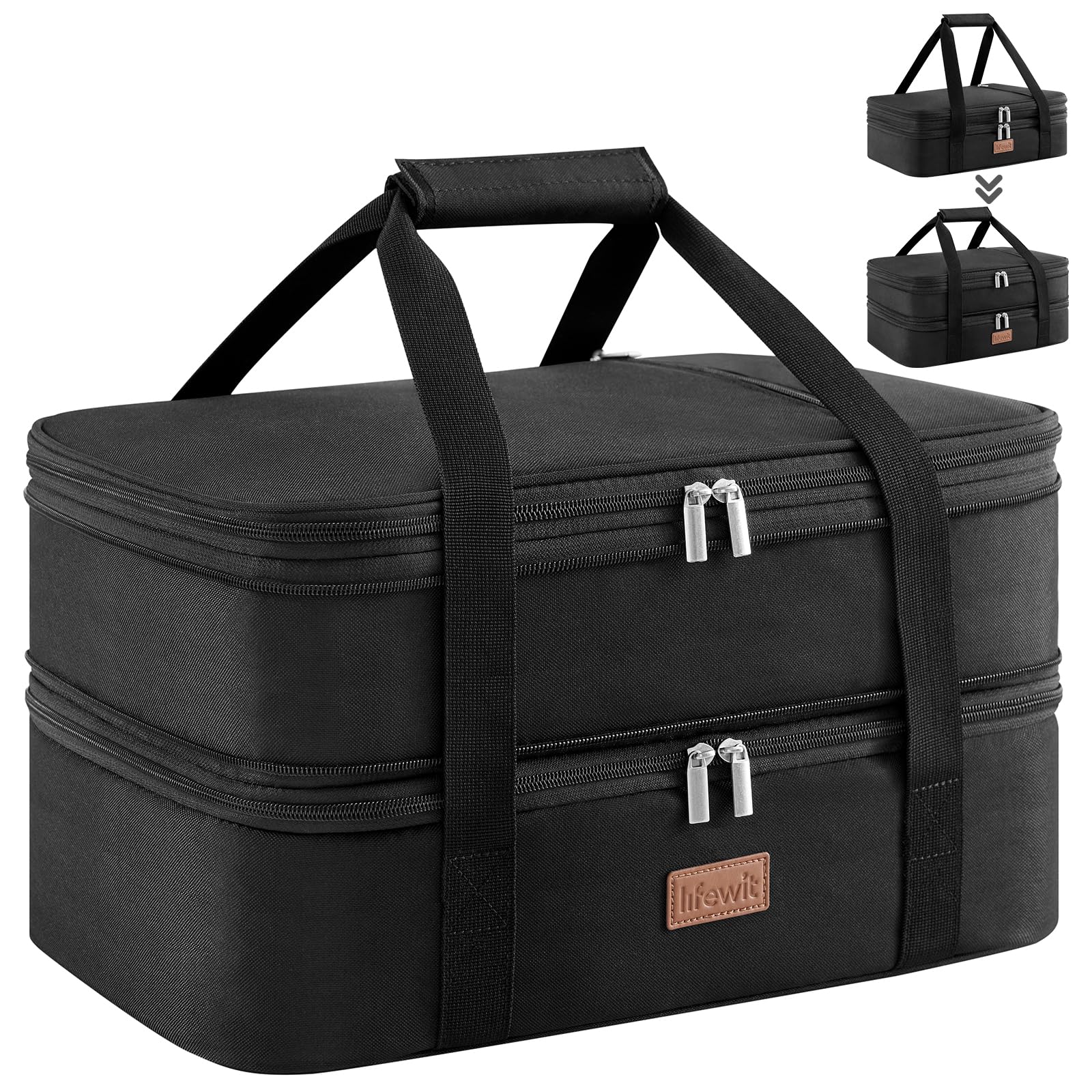 Lifewit insulated casserole carrier top compartment open for easy packing and organization.