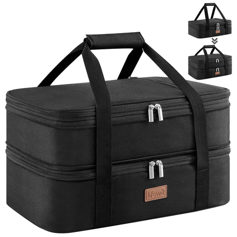 Lifewit insulated casserole carrier top compartment open for easy packing and organization.
