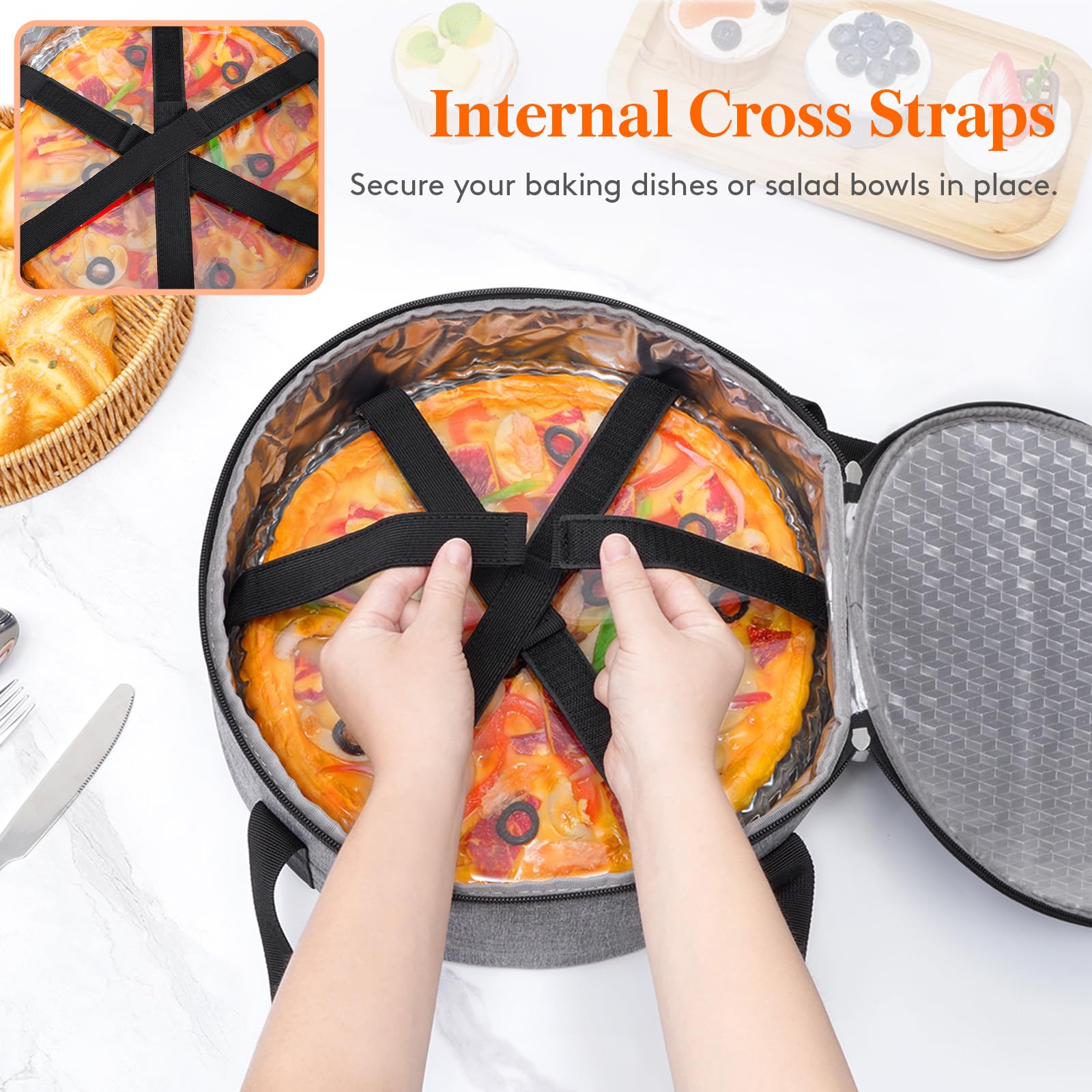 Lifewit carrier interior shows cross straps securing baking dishes.