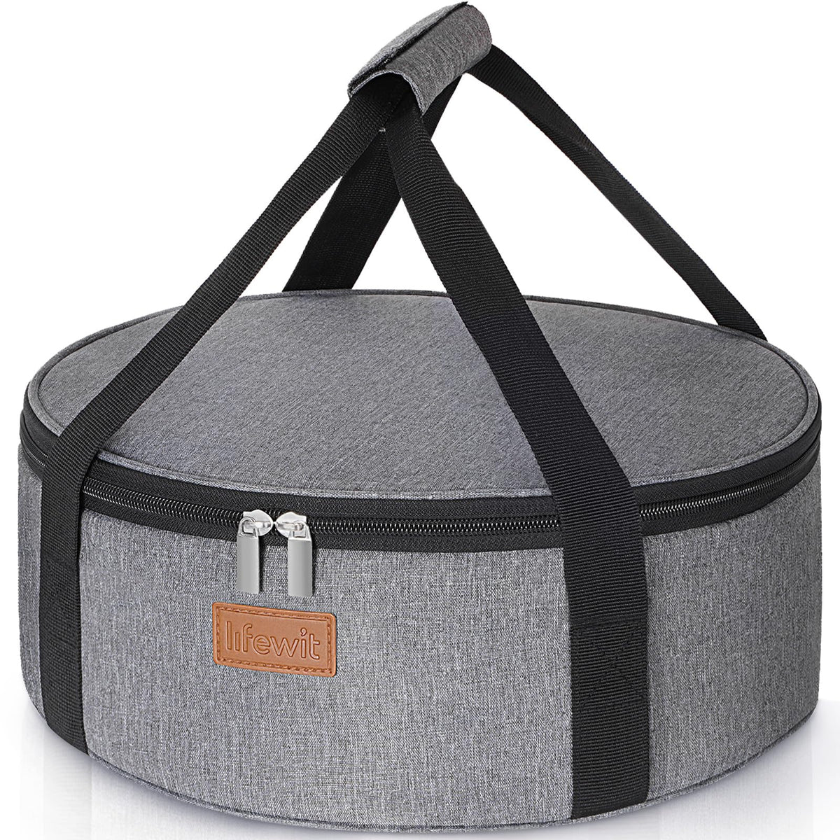 Lifewit insulated round casserole carrier side view with secure cross straps for stable transport.