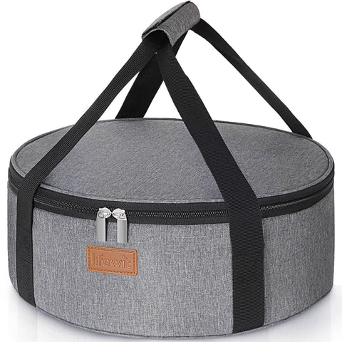 Lifewit insulated round casserole carrier side view with secure cross straps for stable transport.