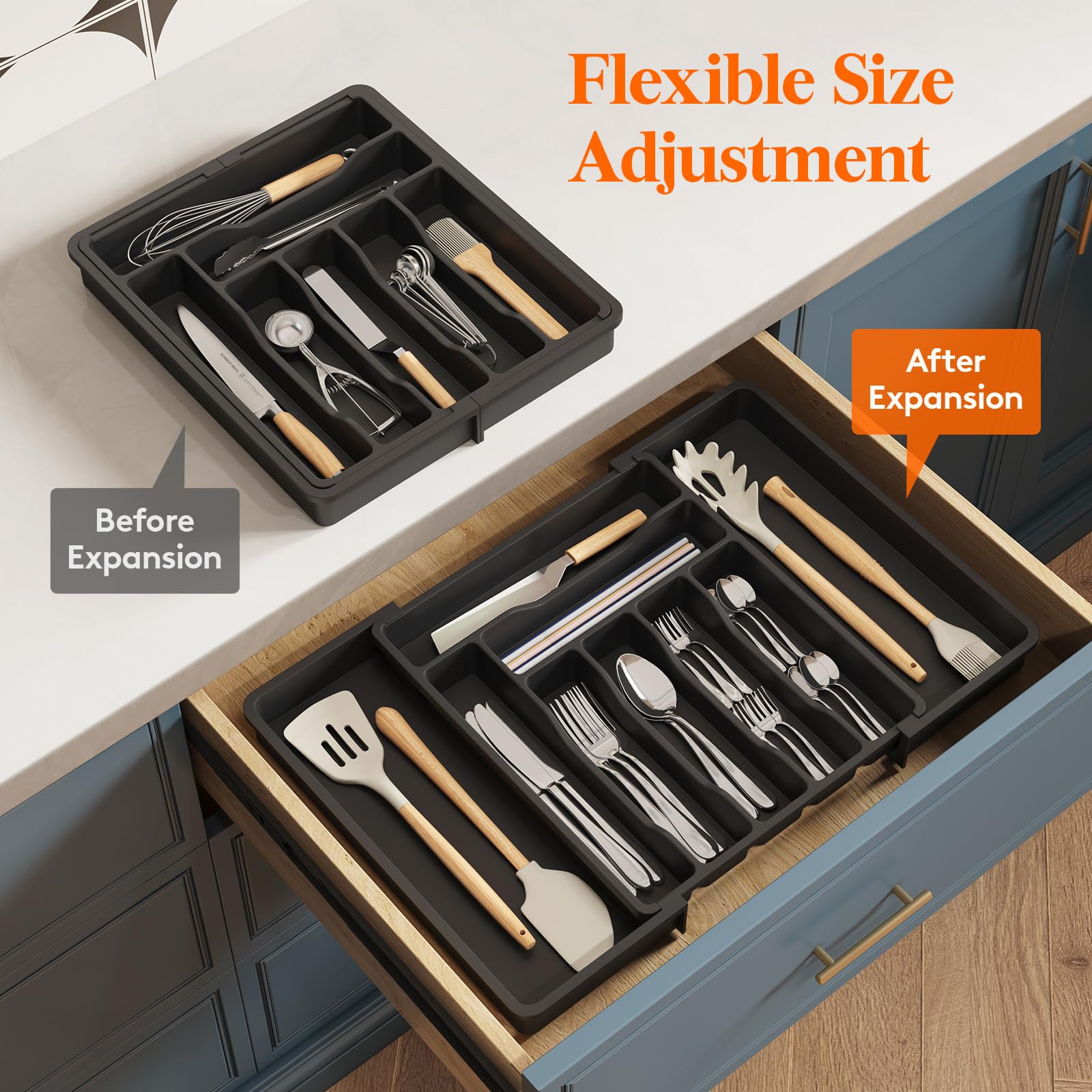 Lifewit kitchen drawer before after illustrates a decluttered space and easier access.
